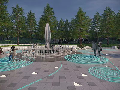 Modern Fountain Plaza Area With Blue Spiral Patterns Surrounded by Trees and People Walking 3d model