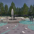 Modern Fountain Plaza Area With Blue Spiral Patterns Surrounded by Trees and People Walking