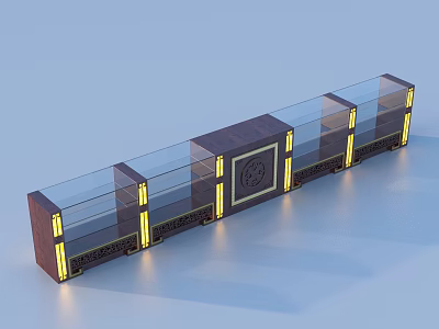 Elegant Display Shelf With Glass Showcases Wooden Structure Yellow Lighting And Decorative Patterns 3d model