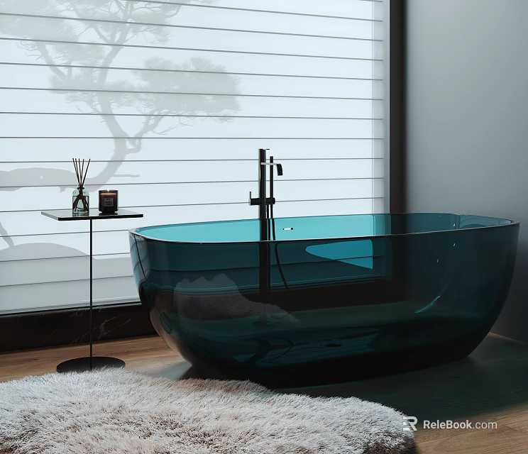 Teal Transparent Bathtub in Modern Bathroom with Side Table Aromatherapy Items Wooden Floor and Rug 3d model 