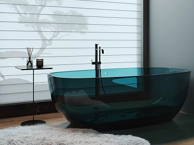 Teal Transparent Bathtub in Modern Bathroom with Side Table Aromatherapy Items Wooden Floor and Rug 3d model