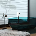 Teal Transparent Bathtub in Modern Bathroom with Side Table Aromatherapy Items Wooden Floor and Rug