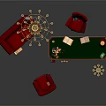 Elegant Office Desk with Green Top Red Sofa Red Chair Gold Chandelier and Wine Glasses