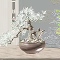 Stylish Bonsai Tree in Brown Pot with Pebbles Grey Wall Golden Patterns Wooden Floor Indoor