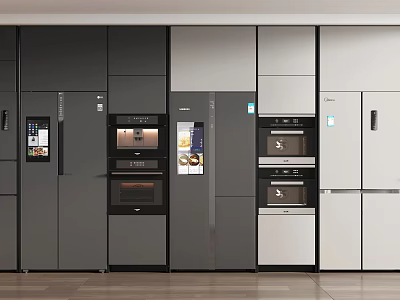 Modern Kitchen Appliances With Built In Ovens Freestanding Refrigerators Gray White Sleek Design 3d model