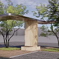 Modern Pergola Structure With Metal Roof Geometric Cutouts Wooden Pillars Surrounded By Trees