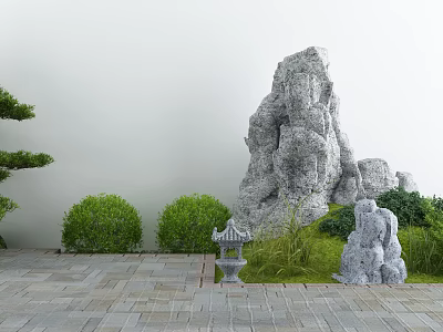 Garden Ornaments With Rockery Small Pavilion Green Shrubs Stone Path And Grass 3d model