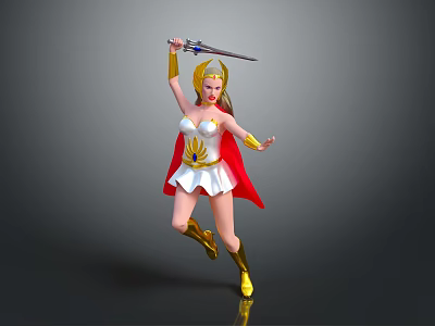 Dynamic Female Warrior In White Outfit Red Cape Golden Boots Holding Sword With Golden Details 3d model