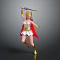 Dynamic Female Warrior In White Outfit Red Cape Golden Boots Holding Sword With Golden Details