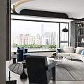 Modern Living Room Interior With Large Windows City View Sofa Coffee Table And Bookshelves