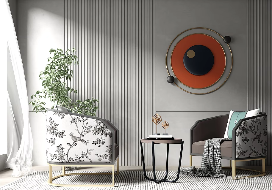 Leisure Sofa Set With Single Seats Side Table Circular Wall Art And Green Plant 3d model 