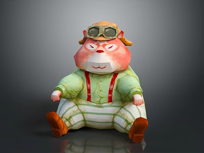 Chubby Cartoon Game Character Wearing Green Outfit Red Suspenders And Aviator Goggles In Sitting Pose 3d model