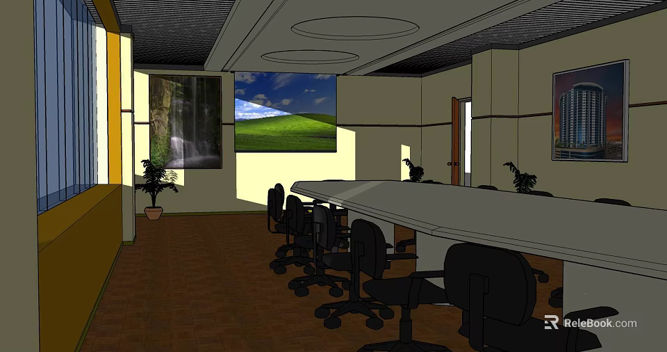 Modern Conference Room Interior With Long Table Black Chairs Projection Screen And Potted Plants 3d model 