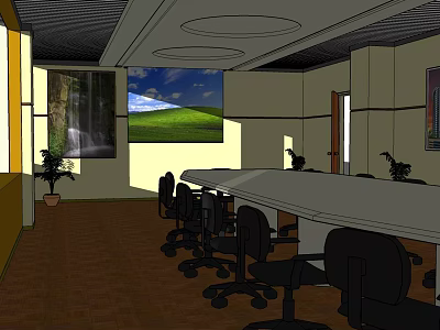 Modern Conference Room Interior With Long Table Black Chairs Projection Screen And Potted Plants 3d model