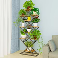 Multi Tiered Decorative Plant Stand With Leafy Green Plants And Various Pots For Indoor Garden