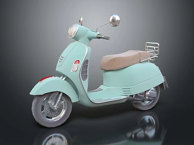Light Blue Vintage Scooter With Round Headlight Beige Seat And Rear Rack 3d model