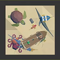 Colorful Underwater Animal Model With Shark Fish Octopus Seaweed And Small Boat