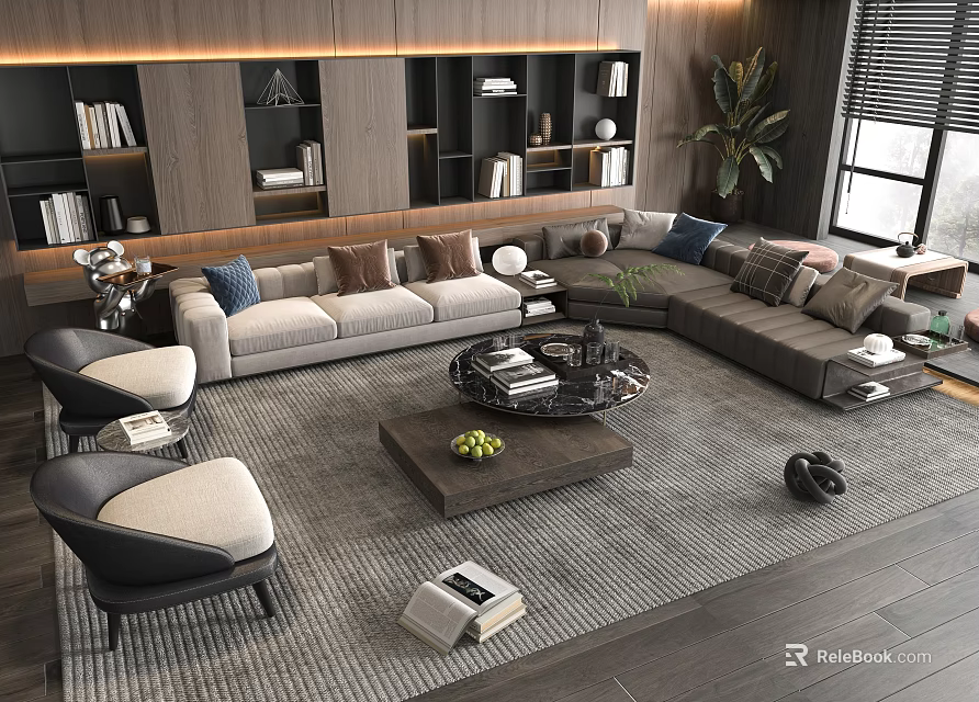 Modern L Shaped Sofa And Wooden Coffee Table Set With Armchairs And Decorative Items 3d model 