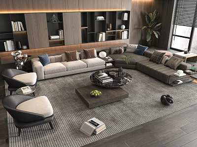 Modern L Shaped Sofa And Wooden Coffee Table Set With Armchairs And Decorative Items 3d model