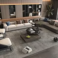 Modern L Shaped Sofa And Wooden Coffee Table Set With Armchairs And Decorative Items