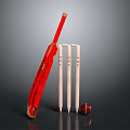Cricket Sports Equipment Setup With Red Bat Wooden Stumps And Leather Ball