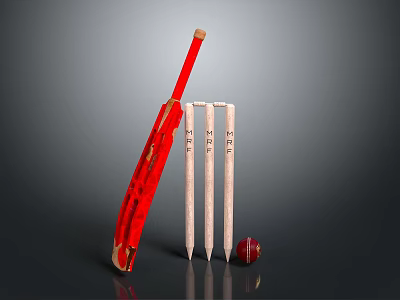 Cricket Sports Equipment Setup With Red Bat Wooden Stumps And Leather Ball 3d model