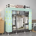 Light Blue Wardrobe With Lemon Patterns And Summer Text In Bedroom With Suitcases On Top