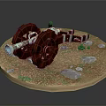 Vintage Cannon With Metal Barrel Large Wooden Wheels On Circular Stone Base And Green Grass