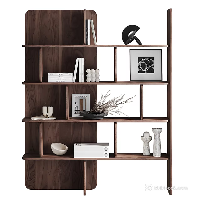 Modern Wooden Bookcase With Open Multi Tiered Shelves Books And Decorative Items 3d model 