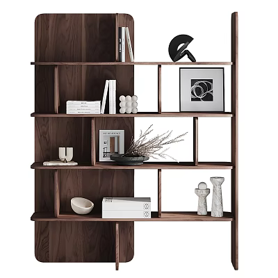 Modern Wooden Bookcase With Open Multi Tiered Shelves Books And Decorative Items 3d model