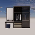 Modern Wardrobe Design With Hanging Clothes Storage Drawers Boxes Mirror Table And Stool 3d model