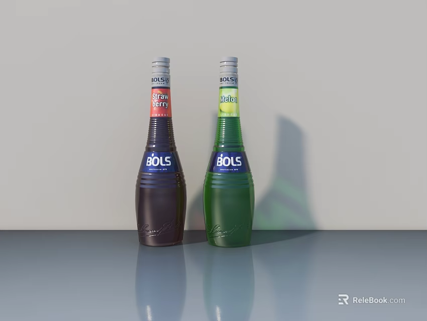 BOLS Kirsch Liquor Bottles Dark Brown and Green on Gray Table with Reflections 3d model 