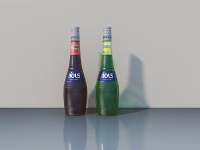 BOLS Kirsch Liquor Bottles Dark Brown and Green on Gray Table with Reflections 3d model