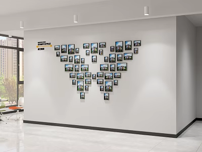 Office Corridor with Heart Shaped Photo Wall Display in Modern Office Setting With Natural Light 3d model