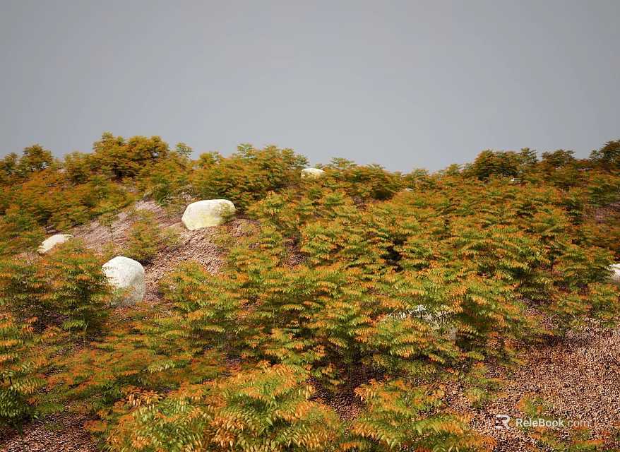 Bushes with green and orange leaves and white stones under gray sky 3d model 