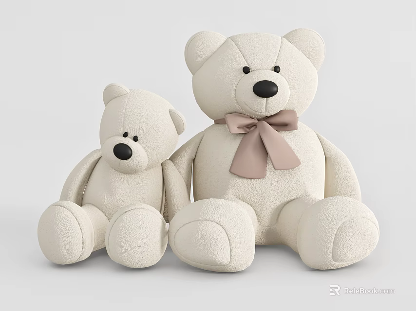 Adorable Two White Teddy Bear Dolls Large And Small With Light Brown Bow Tie 3d model 