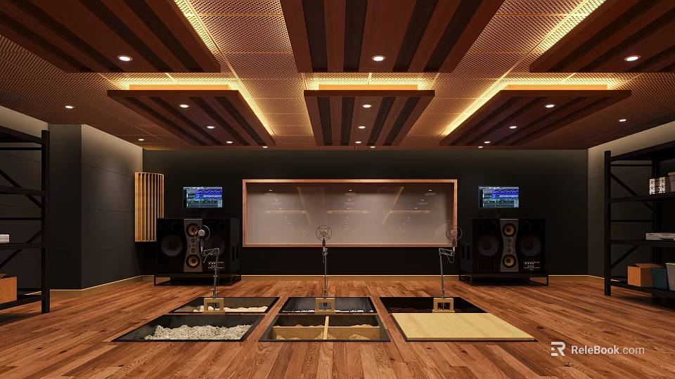 School Classroom With Wooden Ceiling Lighting Dark Walls Whiteboard Screens Audio Equipment And Lab Stations 3d model 