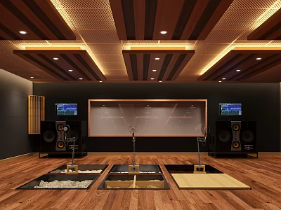 School Classroom With Wooden Ceiling Lighting Dark Walls Whiteboard Screens Audio Equipment And Lab Stations 3d model
