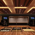 School Classroom With Wooden Ceiling Lighting Dark Walls Whiteboard Screens Audio Equipment And Lab Stations