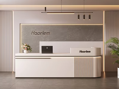 Haarlem Modern White Reception Desk with Gray Wall Pendant Lights and Green Plants 3d model
