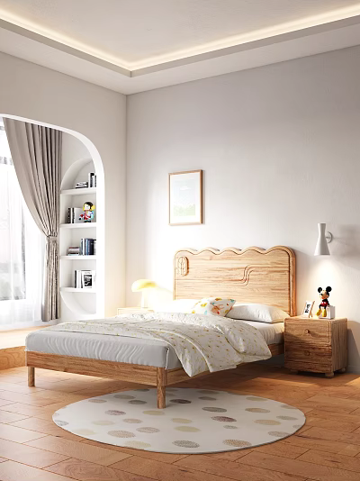 Wooden Kids Bed with Scalloped Headboard White Bedding Nightstand Table Lamp Teddy Bear and Bookshelf 3d model
