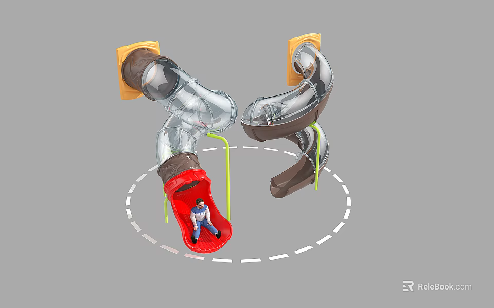Modern Playground Equipment With Transparent Curved Slide Red Brown Sections 3d model 