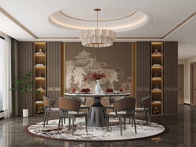 New Chinese Restaurant Room Dining Table and Chair Chandelier Wine Cabinet Mural Curtain Green Plant 3d model