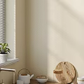 Light Beige Kitchen Corner With Green Plant Wooden Cutting Board And Appliances