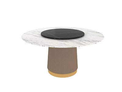 Round Marble Dining Table with Black Center Textured Brown Pedestal and Golden Base Trim 3d model