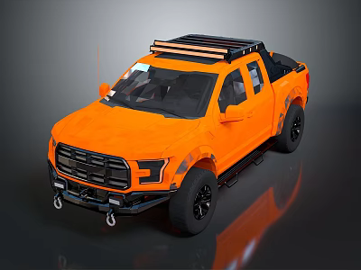 Orange Off Road Pickup Truck Featuring Roof Rack And Black Wheels 3d model