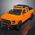Orange Off Road Pickup Truck Featuring Roof Rack And Black Wheels