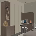 Modern Wardrobe Interior With Wooden Accents Desk Table Lamp And Hanging Bags