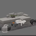 Modern Beige Sofa with Round Coffee Table Set and Black Chair on Rug