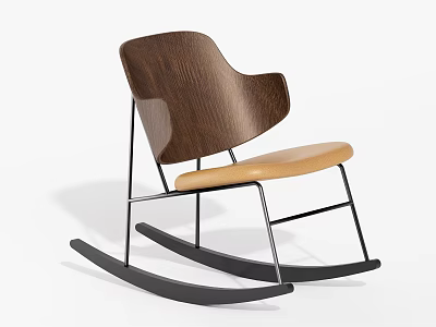 Stylish Brown Wooden Backrest Rocking Chair With Tan Leather Seat And Black Metal Frame 3d model